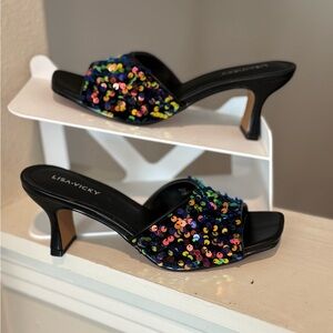 Lisa Vicky (Pretty-V) Women's Size  1/2M Multi Payette Sequin Shoe Heel Sandals